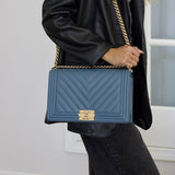 Chanel 18S Blue Caviar New Medium Boy with Light Gold Hardware