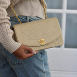 Vintage Chanel Light Beige Lambskin Small Diana with 24k Gold Hardware
