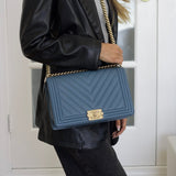 Chanel 18S Blue Caviar New Medium Boy with Light Gold Hardware