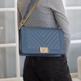 Chanel 18S Blue Caviar New Medium Boy with Light Gold Hardware