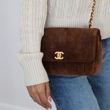 Vintage Chanel Brown Suede Sheepskin Vertical Flap with 24k Gold Hardware