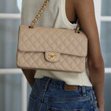 Chanel Beige Clair Caviar Medium Classic Flap with Gold Hardware