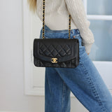 Vintage Chanel Black Lambskin Small Diana with 24k Gold Hardware