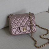 Chanel 14B Metallic Pink Goatskin Mini Square with Light Gold Hardware