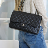 Chanel Black Caviar Single Flap Jumbo with Silver Hardware