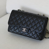 Chanel Black Caviar Single Flap Jumbo with Silver Hardware