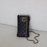 Chanel Black Caviar French New Wave Phone Holder with Light Gold Hardware