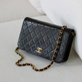 Vintage Chanel Black Lambskin Full Flap Wallet on Chain with 24k Gold Hardware