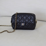 Chanel 25C Black Caviar Mini Zip Clutch on Chain with Light Gold Hardware