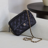 Chanel 25C Black Caviar Mini Zip Clutch on Chain with Light Gold Hardware