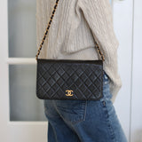 Vintage Chanel Black Lambskin Full Flap Wallet on Chain with 24k Gold Hardware