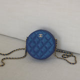 Chanel Iridescent Blue Caviar Round Clutch on Chain with Light Gold Hardware