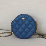 Chanel Iridescent Blue Caviar Round Clutch on Chain with Light Gold Hardware