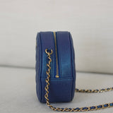 Chanel Iridescent Blue Caviar Round Clutch on Chain with Light Gold Hardware