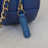 Chanel Iridescent Blue Caviar Round Clutch on Chain with Light Gold Hardware