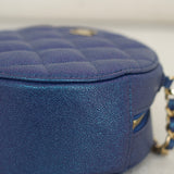 Chanel Iridescent Blue Caviar Round Clutch on Chain with Light Gold Hardware