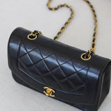 Vintage Chanel Black Lambskin Small Diana with 24k Gold Hardware