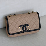 Chanel 17P Beige & Black Caviar Small Filigree Flap with Aged Gold Hardware