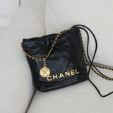 Chanel 23B Black Shiny Calfskin Mini 22 Hobo Aged Gold Hardware