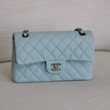 Chanel 21K Light Blue Caviar Small Classic Flap with Silver Hardware