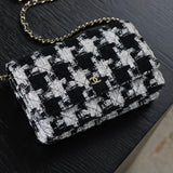 Chanel 20S Houndstooth Black & White Tweed Wallet on Chain with Light Gold Hardware