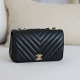 Chanel Black Chevron Calfskin Mini Statement Flap with Light Gold Hardware