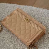 Chanel Beige Caviar Boy Wallet on Chain with Aged Gold Hardware
