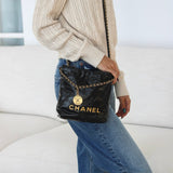 Chanel 23B Black Shiny Calfskin Mini 22 Hobo Aged Gold Hardware