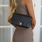 Chanel Black Chevron Calfskin Mini Statement Flap with Light Gold Hardware