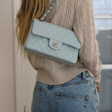 Chanel 21K Light Blue Caviar Small Classic Flap with Silver Hardware