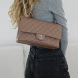 Chanel 17B Taupe Caviar Medium Classic Flap with Silver Hardware