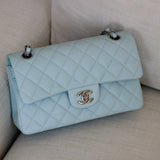 Chanel 21K Light Blue Caviar Small Classic Flap with Silver Hardware