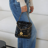 Chanel 23B Black Shiny Calfskin Mini 22 Hobo Aged Gold Hardware