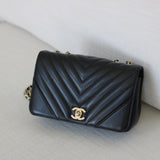 Chanel Black Chevron Calfskin Mini Statement Flap with Light Gold Hardware