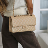 Chanel 19S Iridescent Beige Caviar Medium Classic Flap with Light Gold Hardware