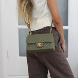 Chanel Olive Green Calfskin Chevron Mini Rectangle with Aged Gold Hardware