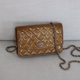 Chanel 11A Gold Patent Wallet on Chain with Silver Hardware