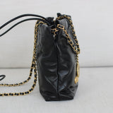 Chanel 23B Black Shiny Calfskin Mini 22 Hobo Aged Gold Hardware