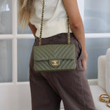 Chanel Olive Green Calfskin Chevron Mini Rectangle with Aged Gold Hardware