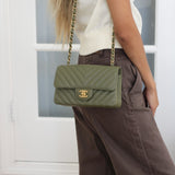 Chanel Olive Green Calfskin Chevron Mini Rectangle with Aged Gold Hardware