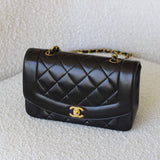 Vintage Chanel Black Lambskin Small Diana with 24k Gold Hardware