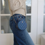 Chanel Iridescent Blue Caviar Round Clutch on Chain with Light Gold Hardware