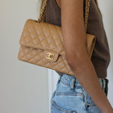 Vintage Chanel Dark Beige Caviar Medium Classic Flap with 24k Gold Hardware