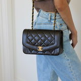 Vintage Chanel Black Lambskin Small Diana with 24k Gold Hardware