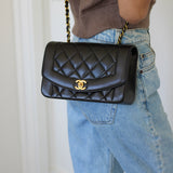 Vintage Chanel Black Lambskin Small Diana with 24k Gold Hardware