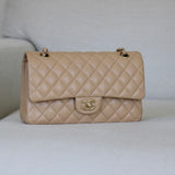 Chanel Beige Caviar Medium Classic Flap with Light Gold Hardware