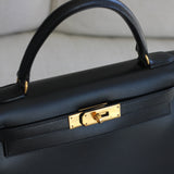 Vintage Hermès Black Box Calf Kelly 28 Gold Hardware