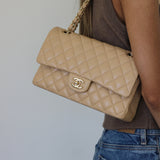Chanel Beige Caviar Medium Classic Flap with Light Gold Hardware
