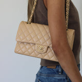 Chanel Beige Caviar Medium Classic Flap with Light Gold Hardware