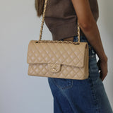 Chanel Beige Caviar Medium Classic Flap with Light Gold Hardware